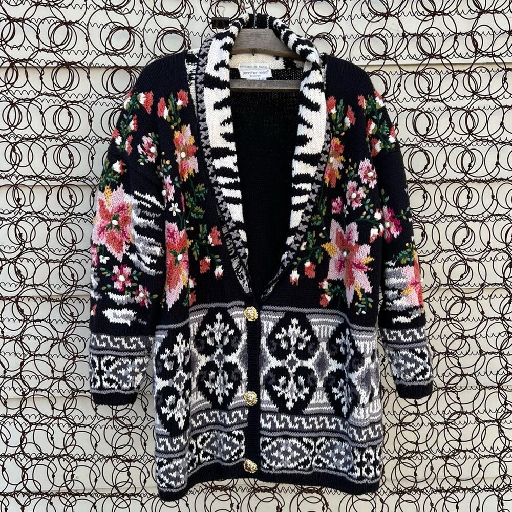 Vintage 90s tunic cowl neck cardigan sweater embroidered floral fair isle detail
